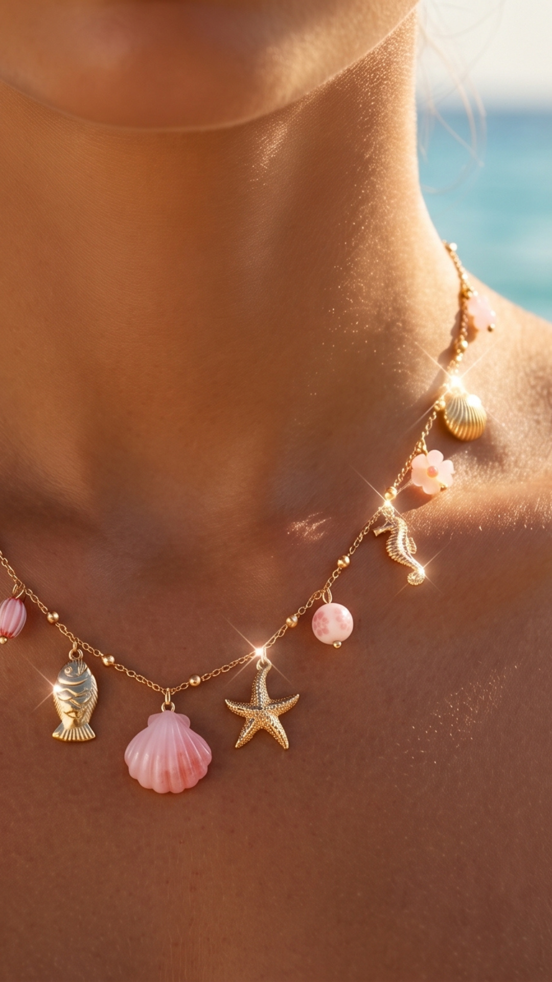 Collier "Rosalia" – Collier Long & Breloques Marines Rose Pastel