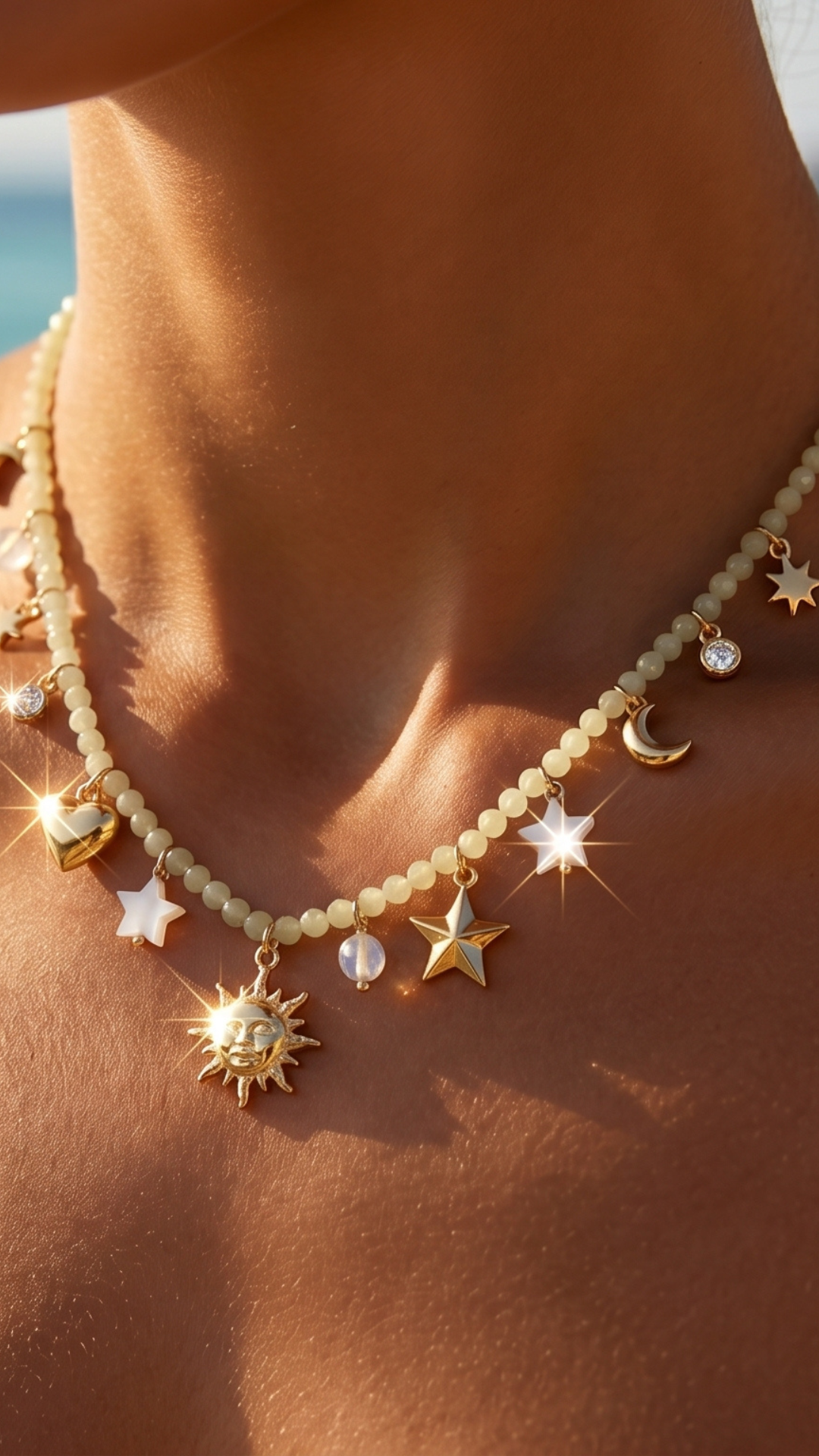 Collier "Aurélia" – Collier Long Perlé & Breloques Astres Dorés