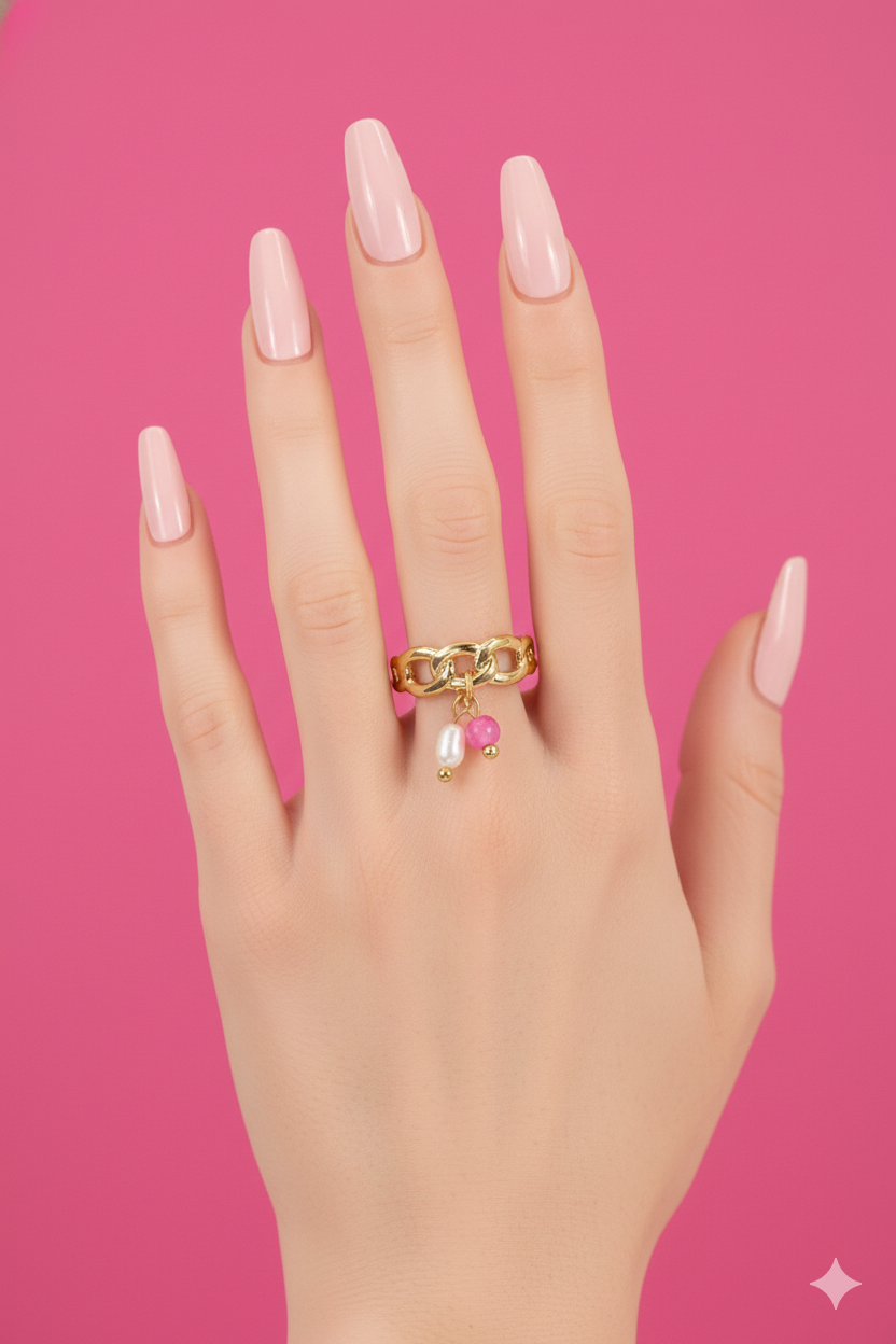 Bague Linaé – Bague Femme Chaîne & Perles en Acier Inoxydable