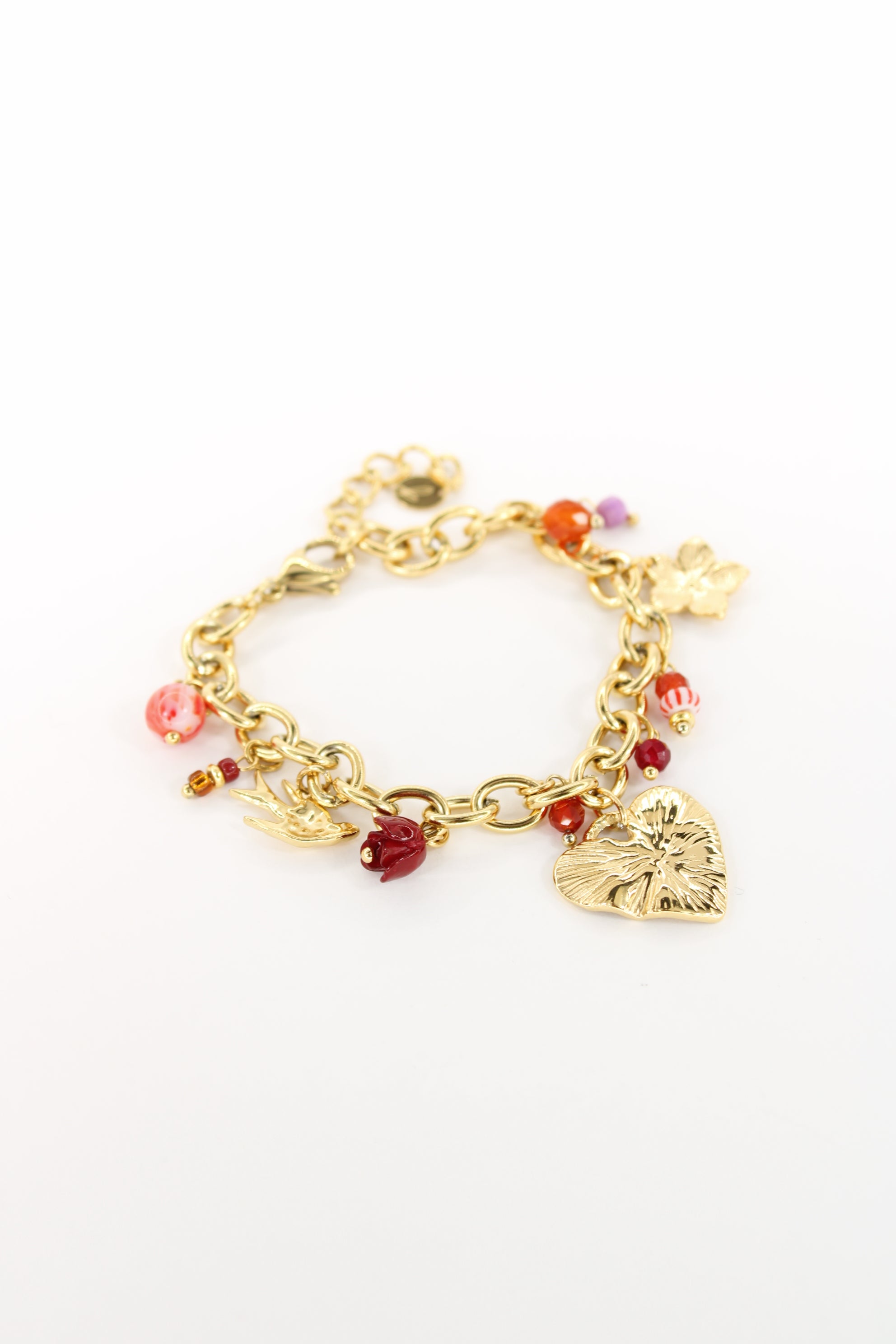 Bracelet Passion doré — Bracelet charms cœur, oiseau & fleurs rouges