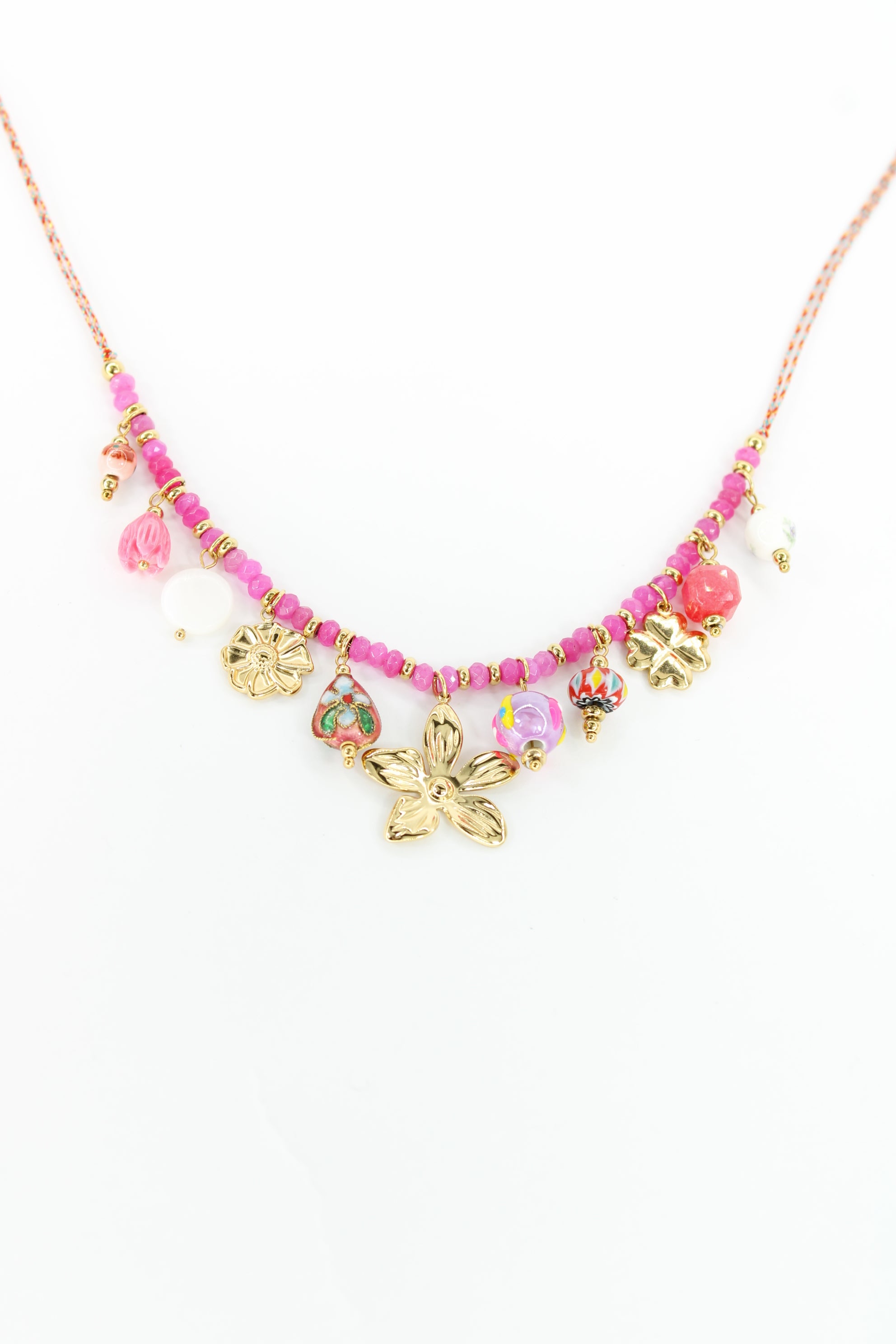 đș Collier Calypso â Collier Perles Roses et Fleur DorĂ©e