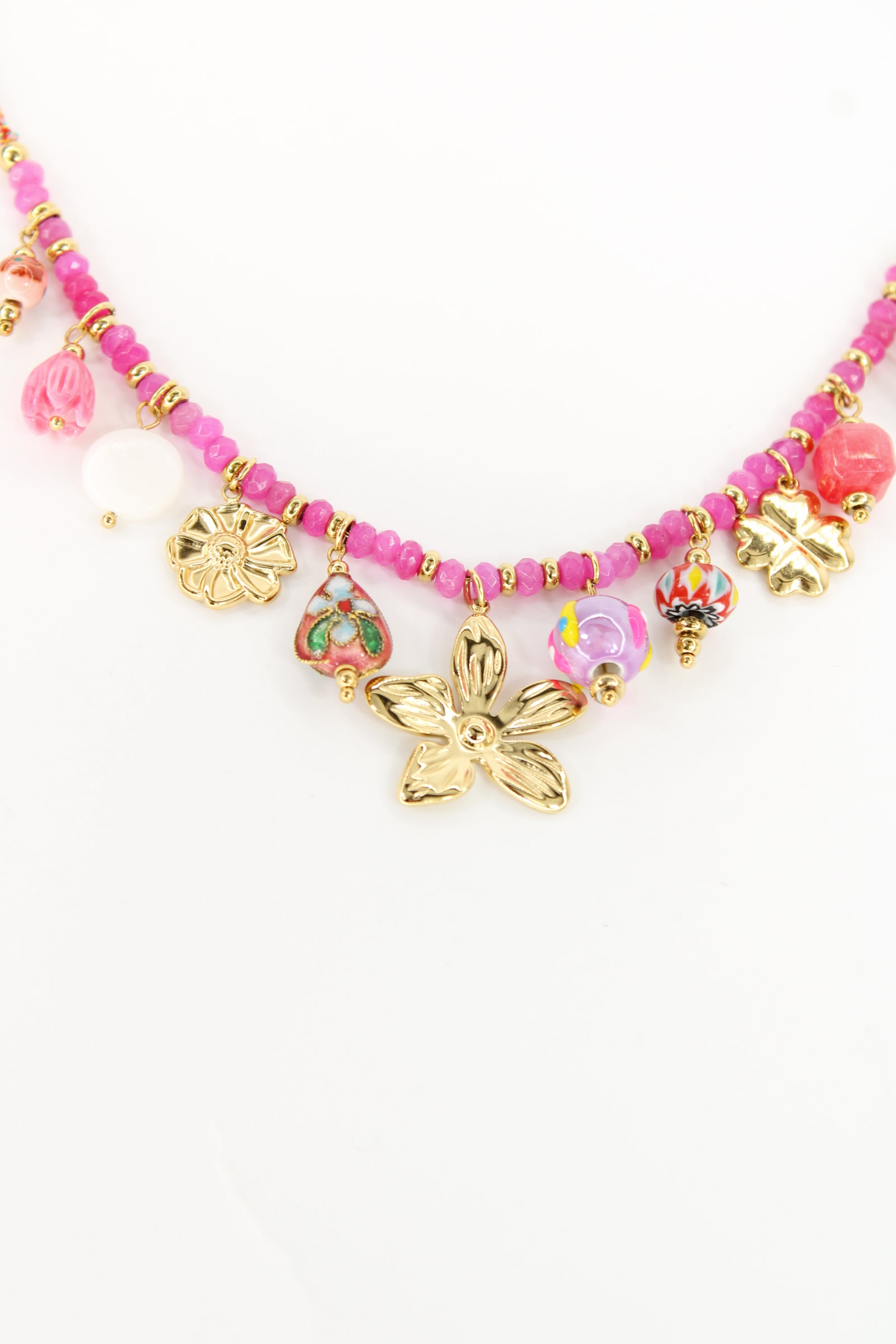 đș Collier Calypso â Collier Perles Roses et Fleur DorĂ©e