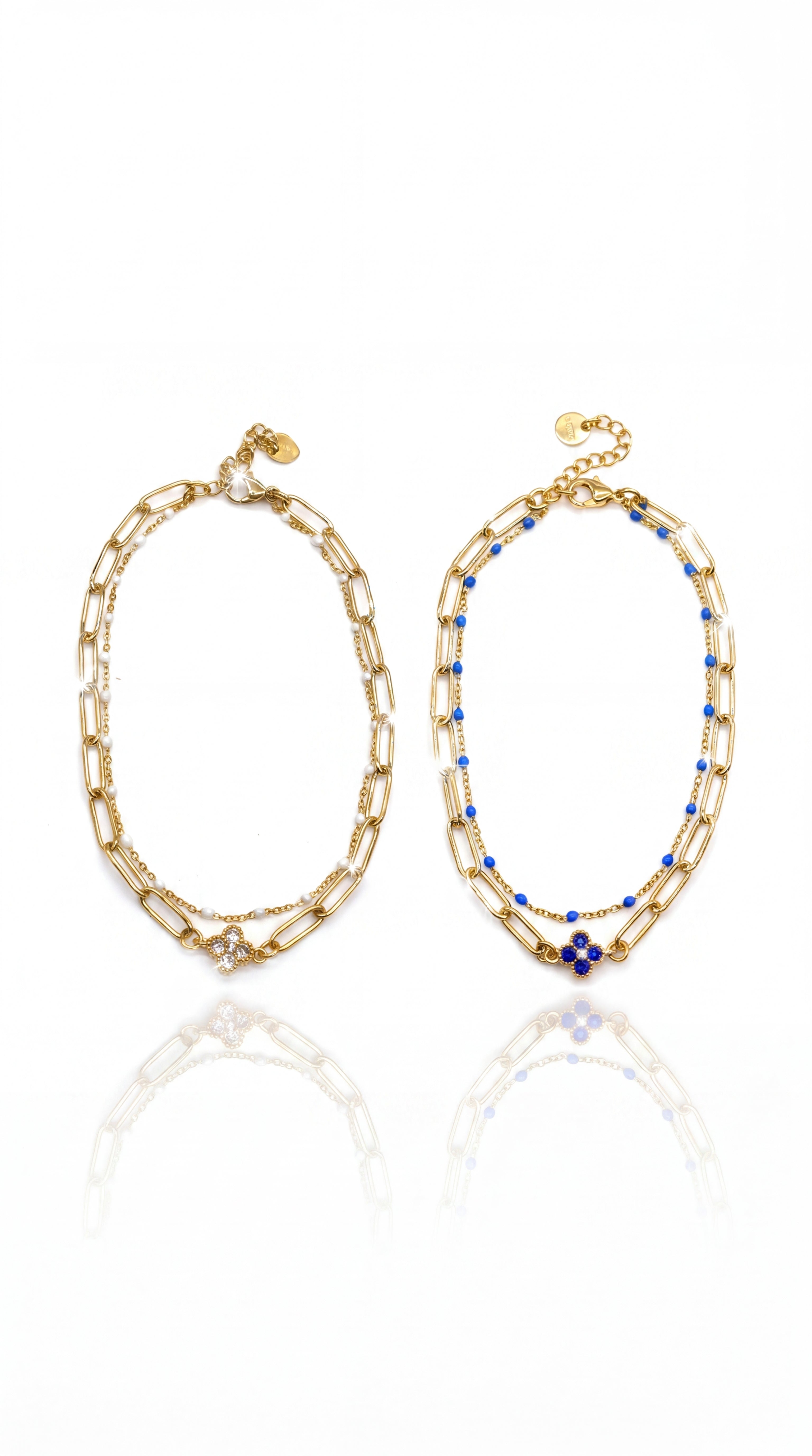 Chaîne de Cheville Nora – Double Rang & Trèfle Scintillant en Acier Inoxydable