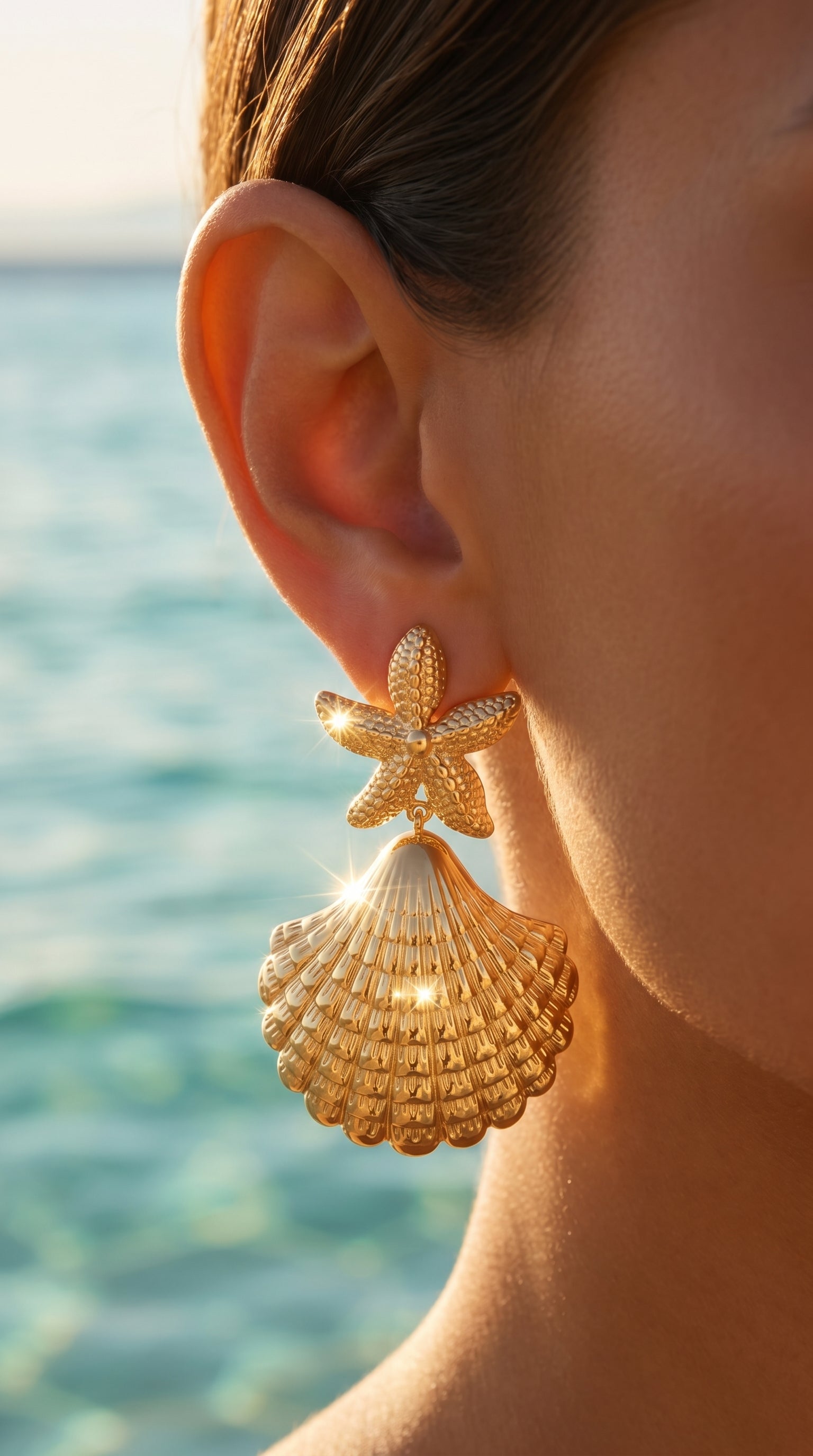Boucles d’Oreilles "Shelina" – Étoile de Mer & Coquillage Doré