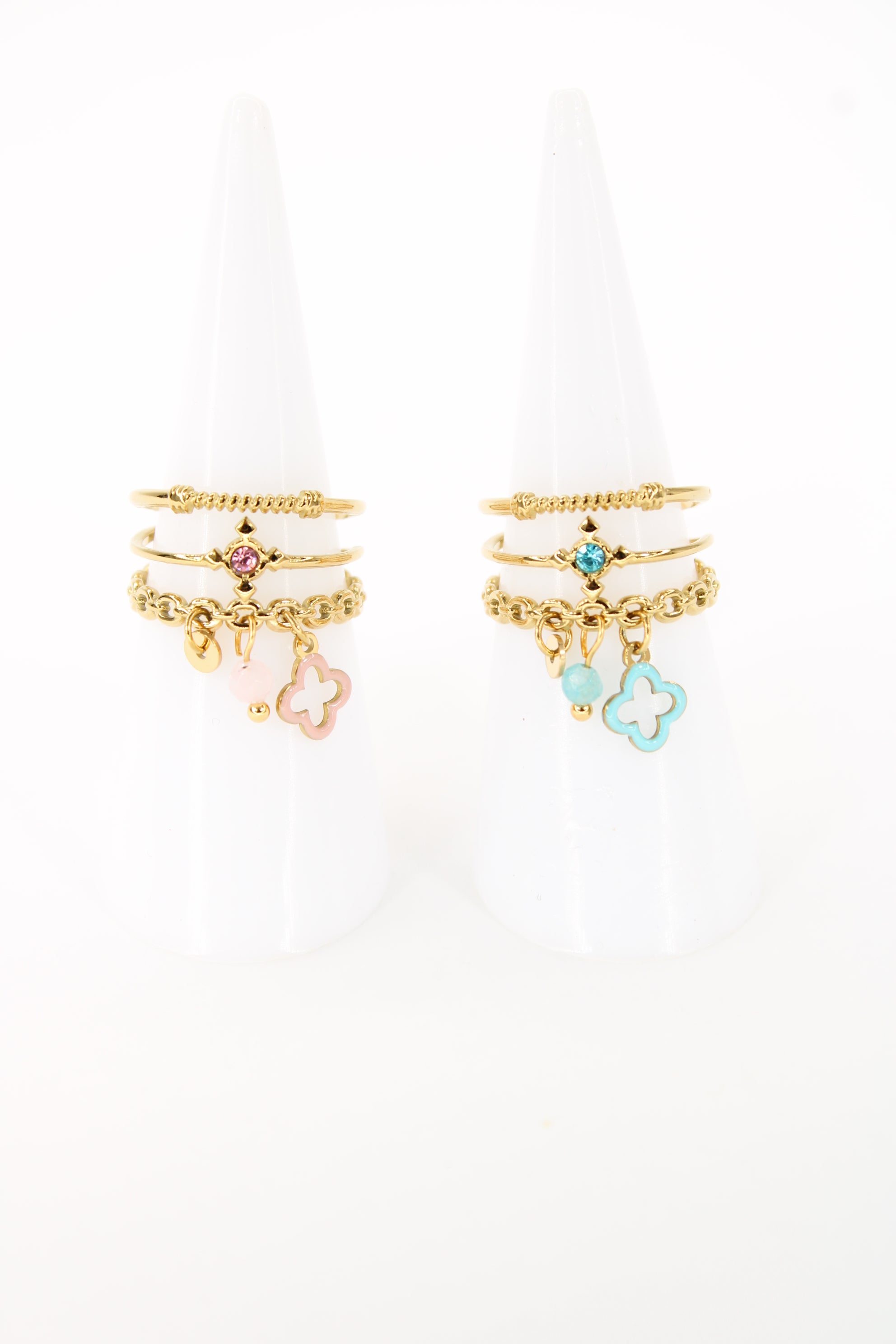 Bague Gigi multi anneaux en acier inoxydable – Pampilles trèfle rose ou bleu – Bijou femme Langon