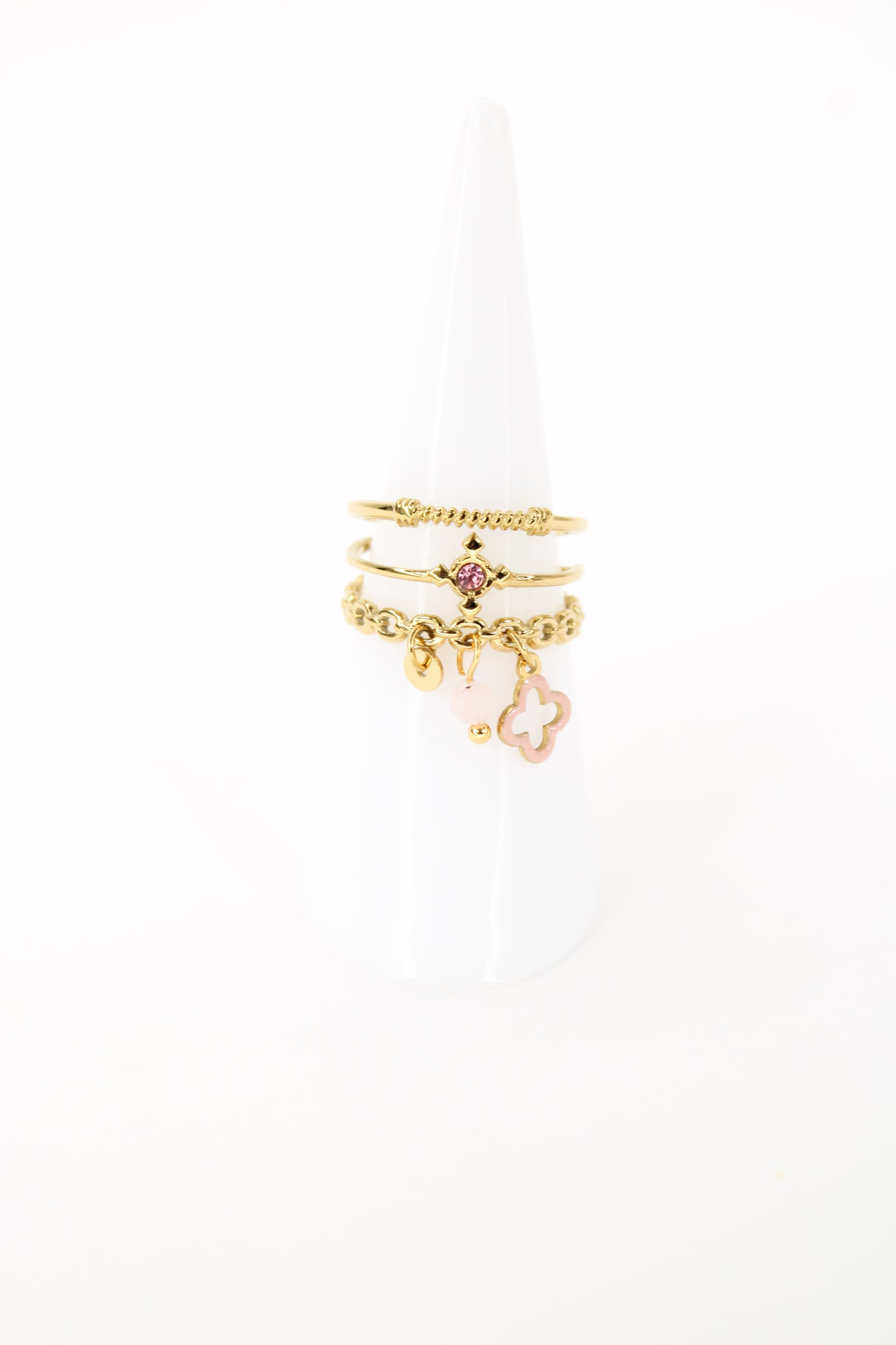 Bague Gigi multi anneaux en acier inoxydable – Pampilles trèfle rose ou bleu – Bijou femme Langon