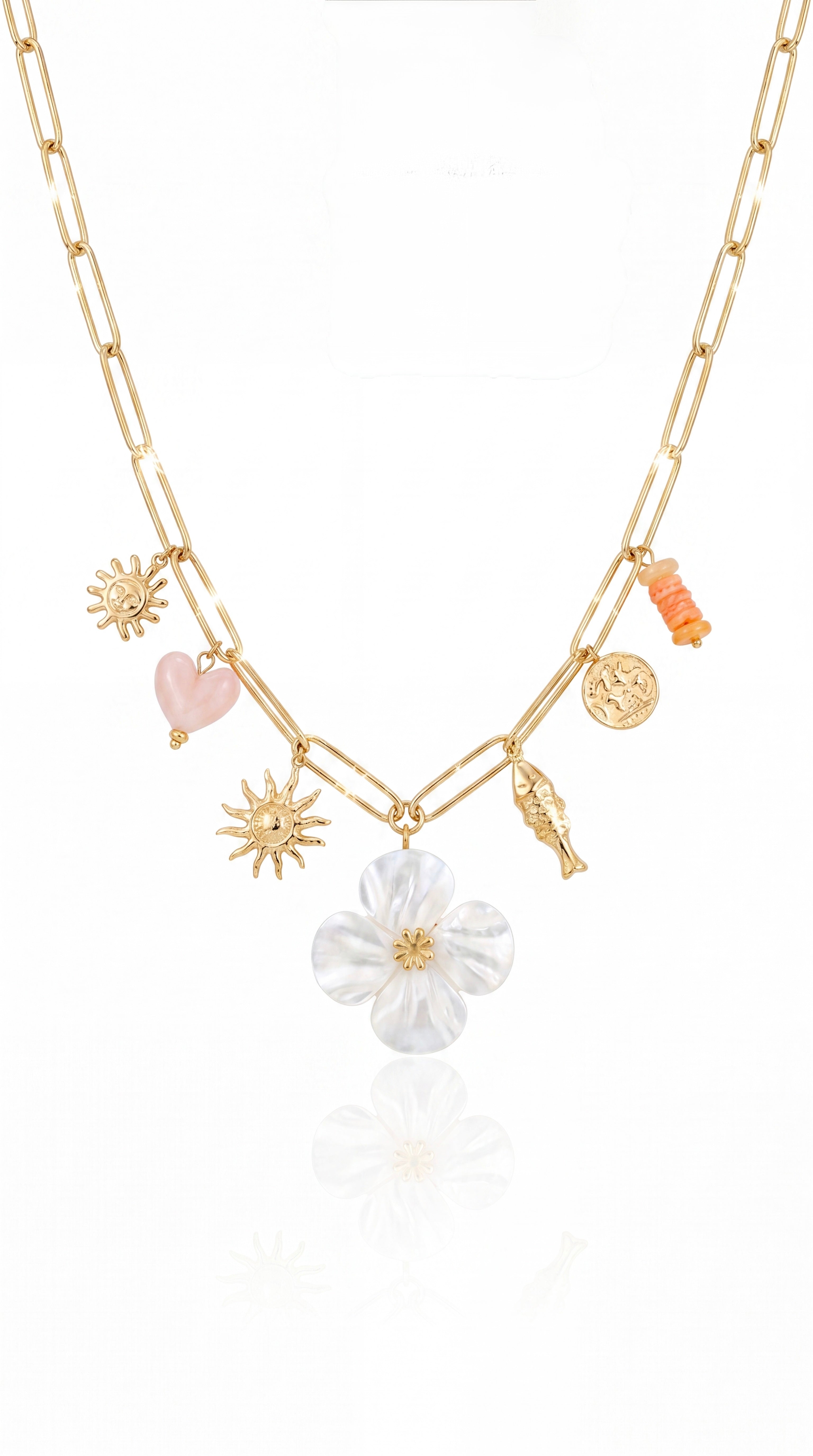 Collier Amalya – Collier charms fleur nacrée et symboles dorés en acier inoxydable