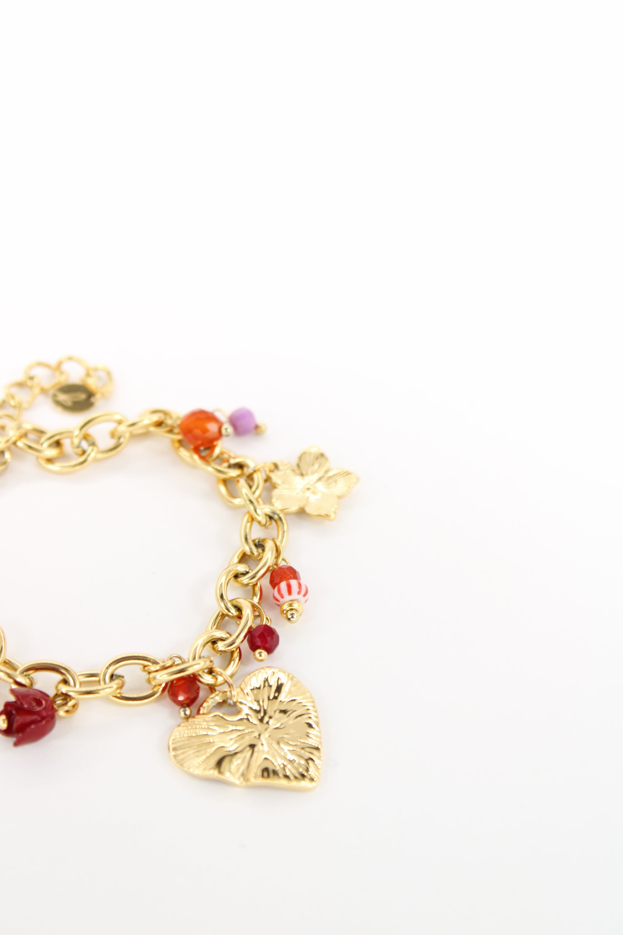 Bracelet Passion doré — Bracelet charms cœur, oiseau & fleurs rouges