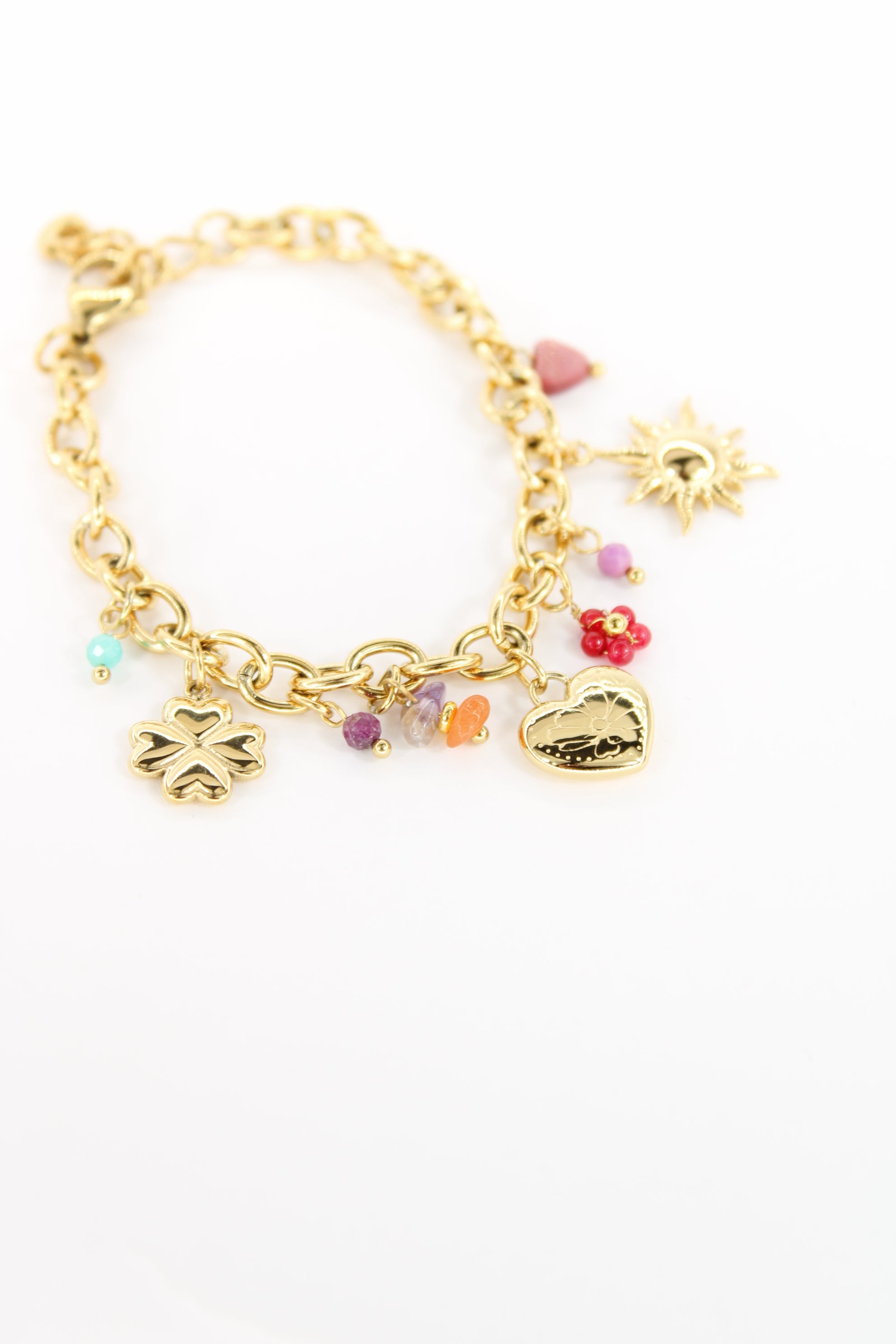 Bracelet Aurora doré — Bracelet charms cœur, soleil & trèfle coloré
