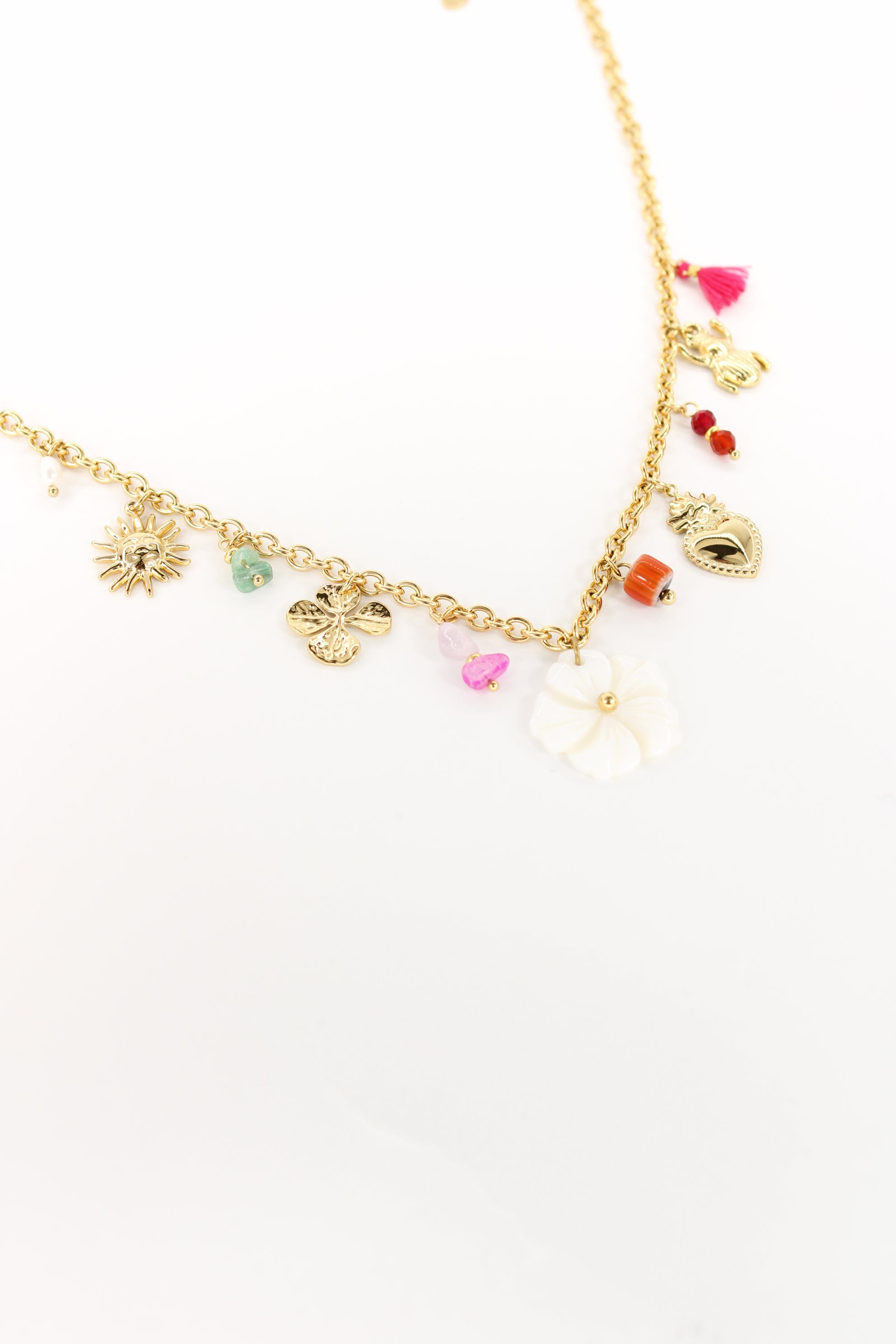 Collier Soleil d’Amour doré — Collier charms fleur nacre & symboles colorés