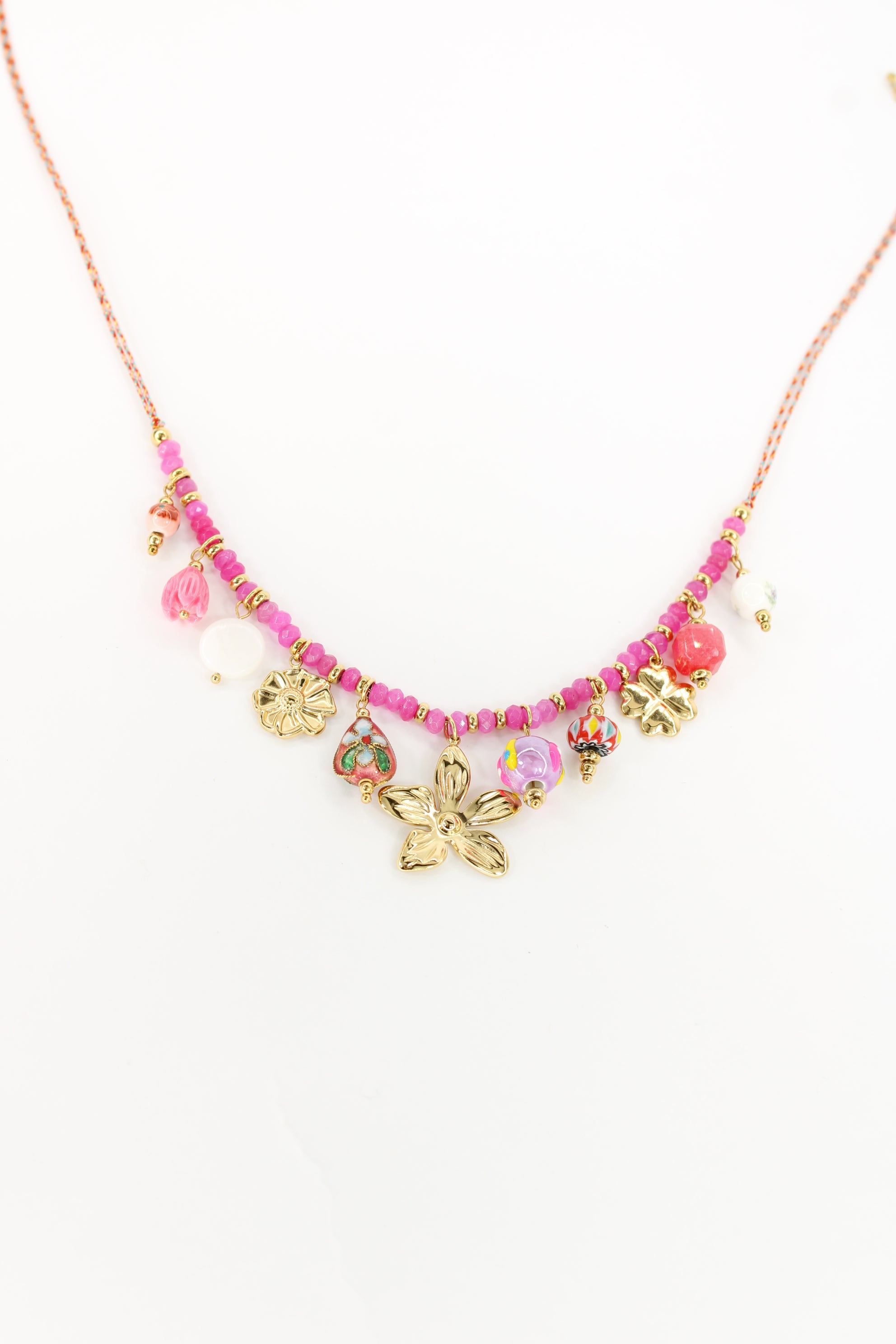 🌺 Collier Calypso – Collier Perles Roses et Fleur Dorée