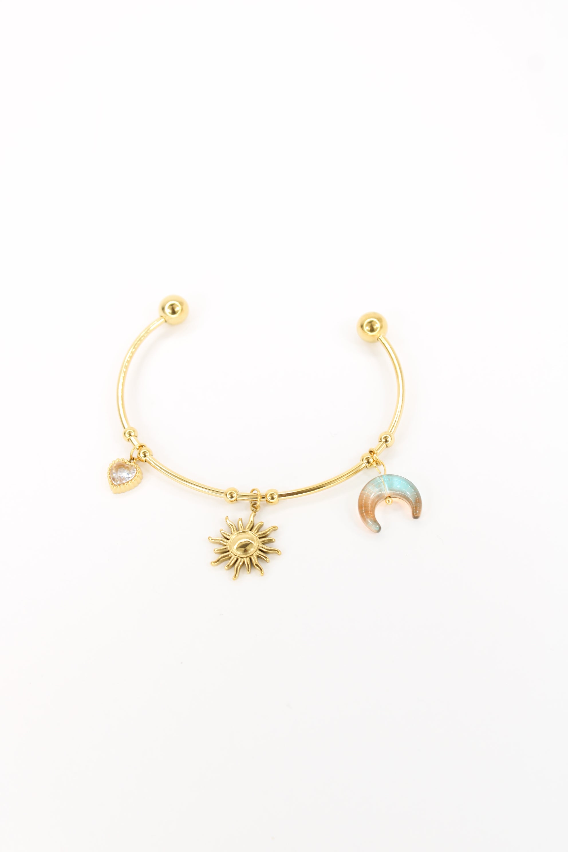 Bracelet Celia – Jonc doré soleil, lune et cœur