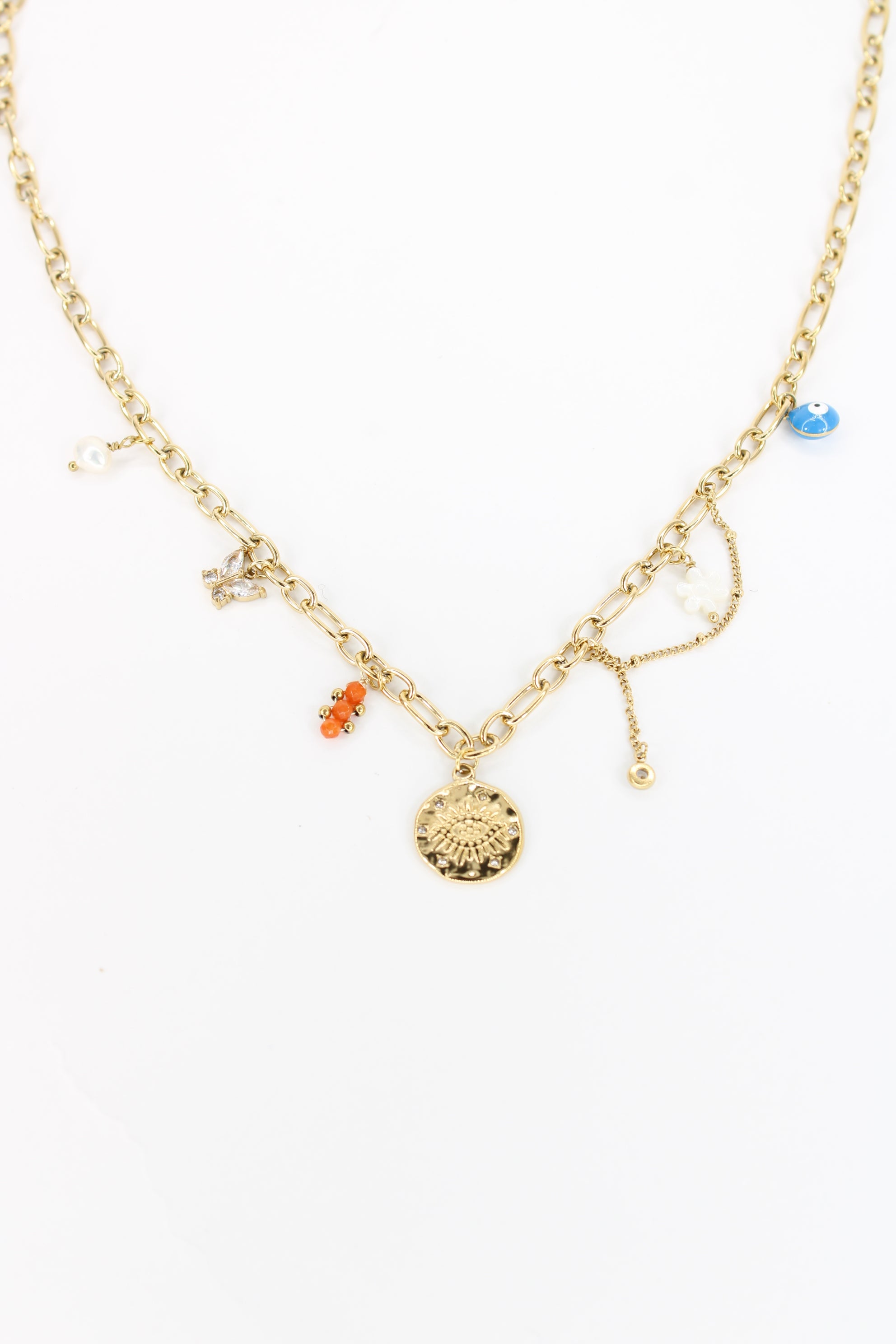 Collier Mios – Collier doré charms bohèmes et médaille en acier inoxydable
