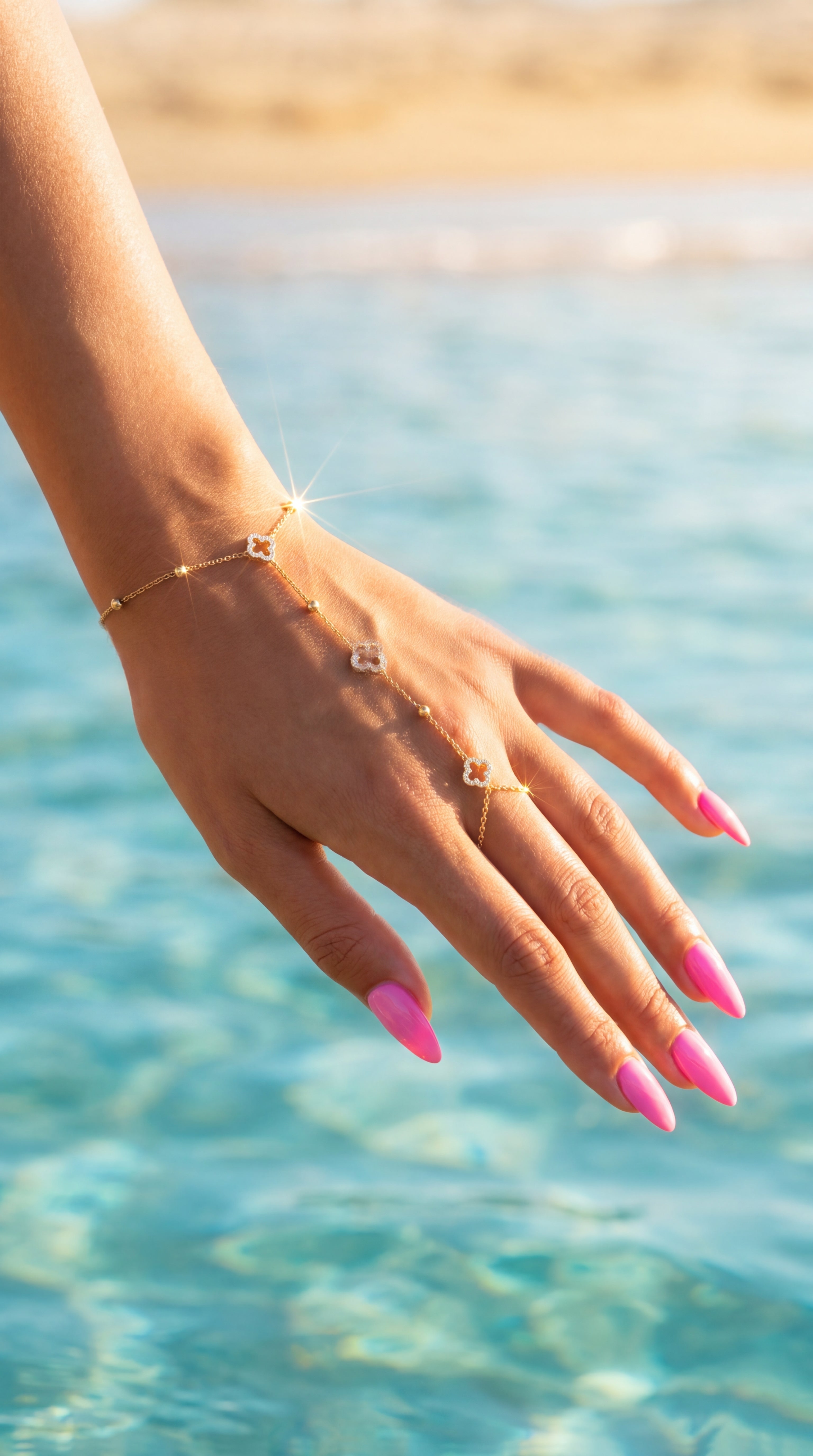Chaîne de Main Naïa – Bracelet-Bague Trèfles en Acier Inoxydable