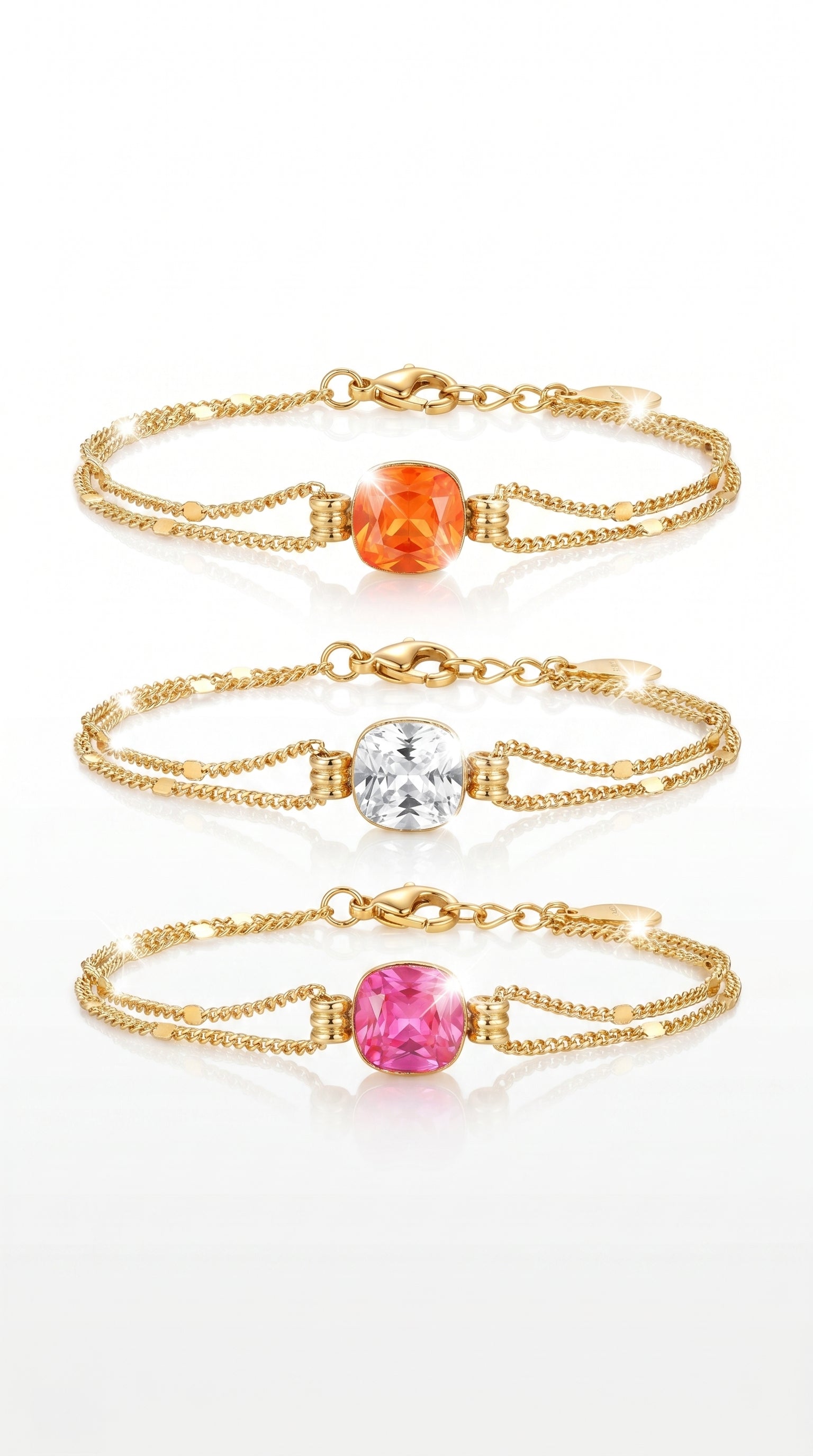 Bracelet "Garance" – Double Chaîne Perlée & Cristal Coussin Étincelant