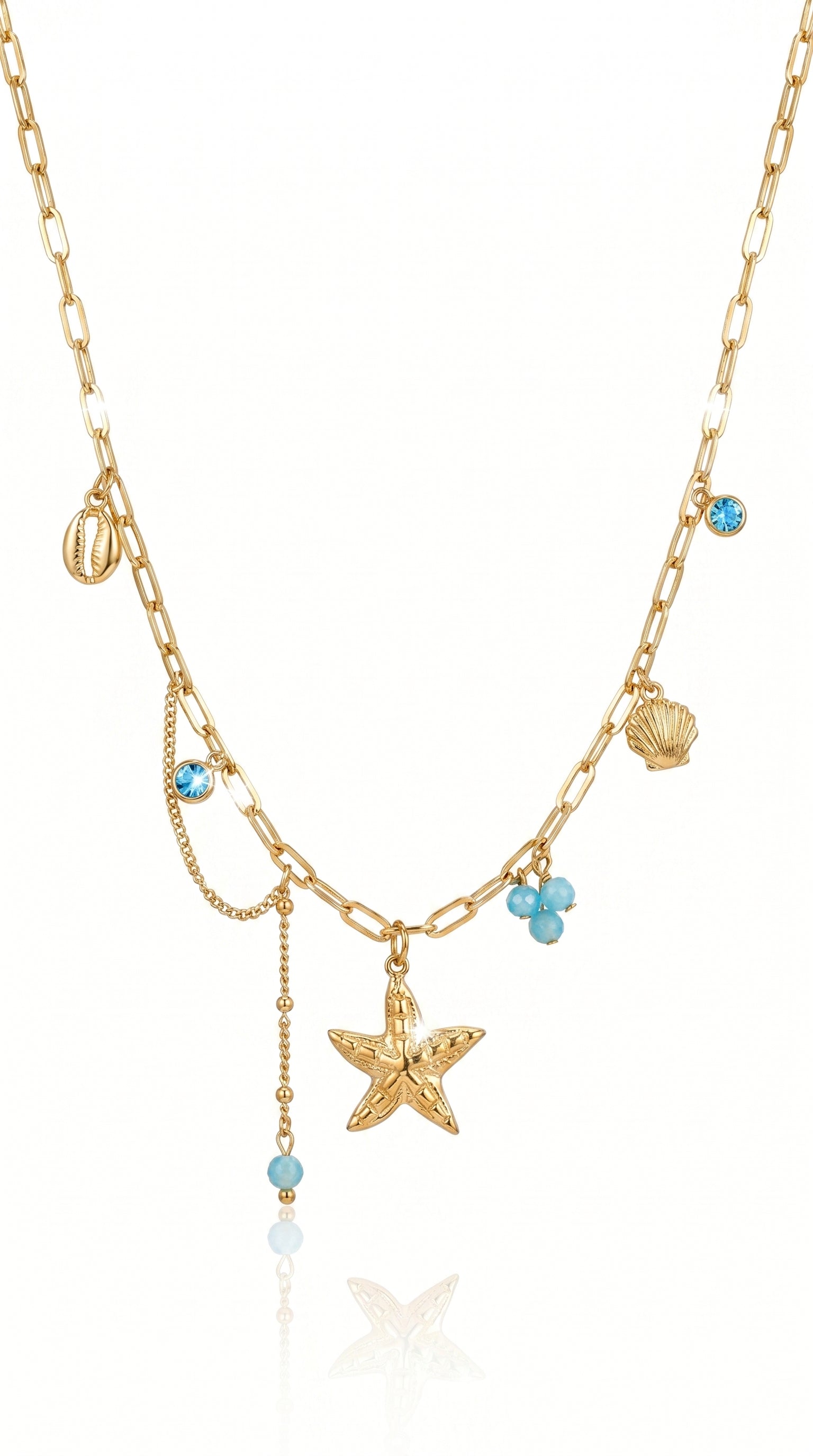 Collier "Calvi" – Maille Trombone & Charms Marins : Étoile de Mer, Coquillages et Cristaux Azur