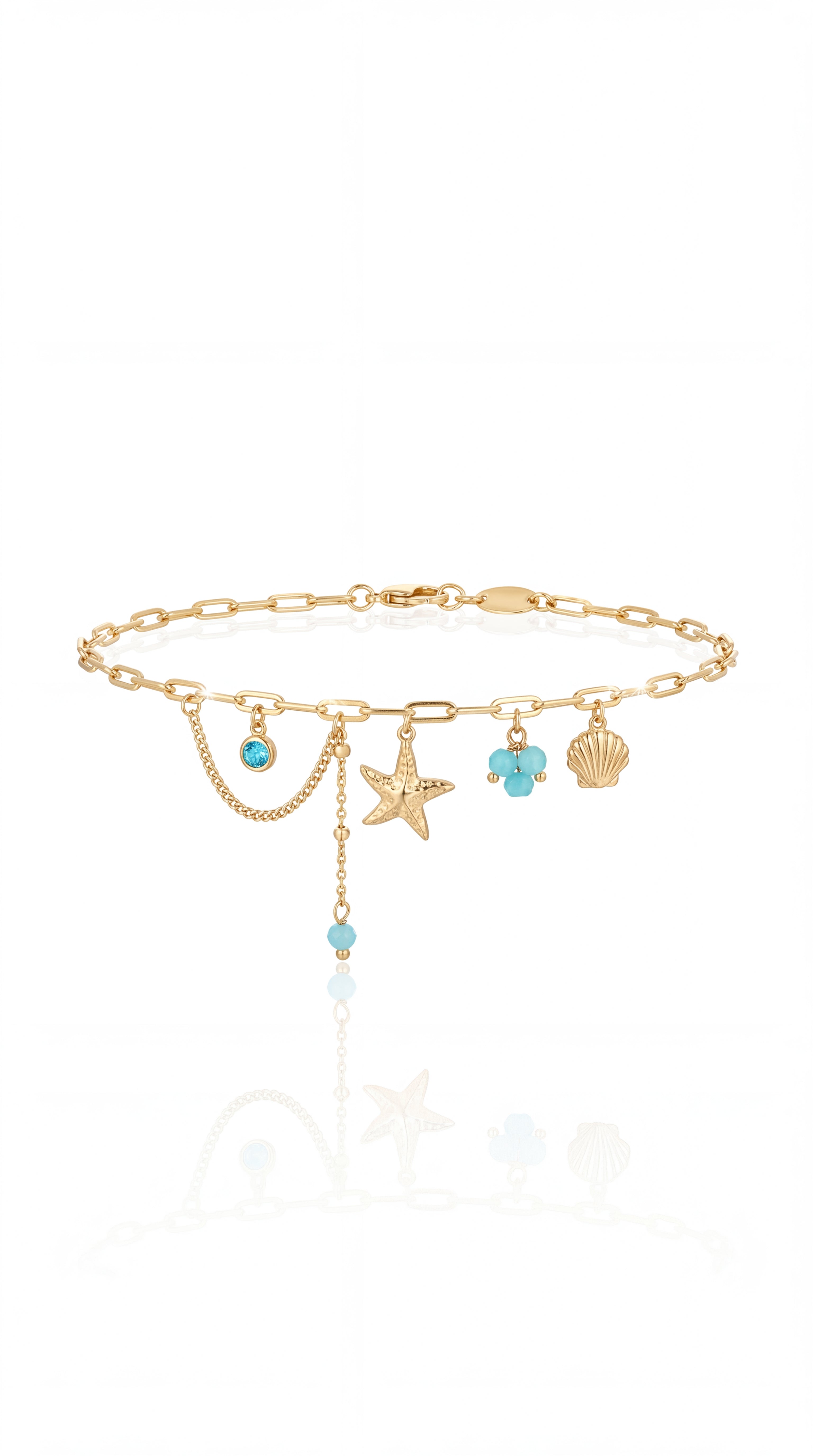 Bracelet "Calvi" – Maille Trombone & Pampilles Marines : Étoile de Mer, Coquillages et Perles Turquoise