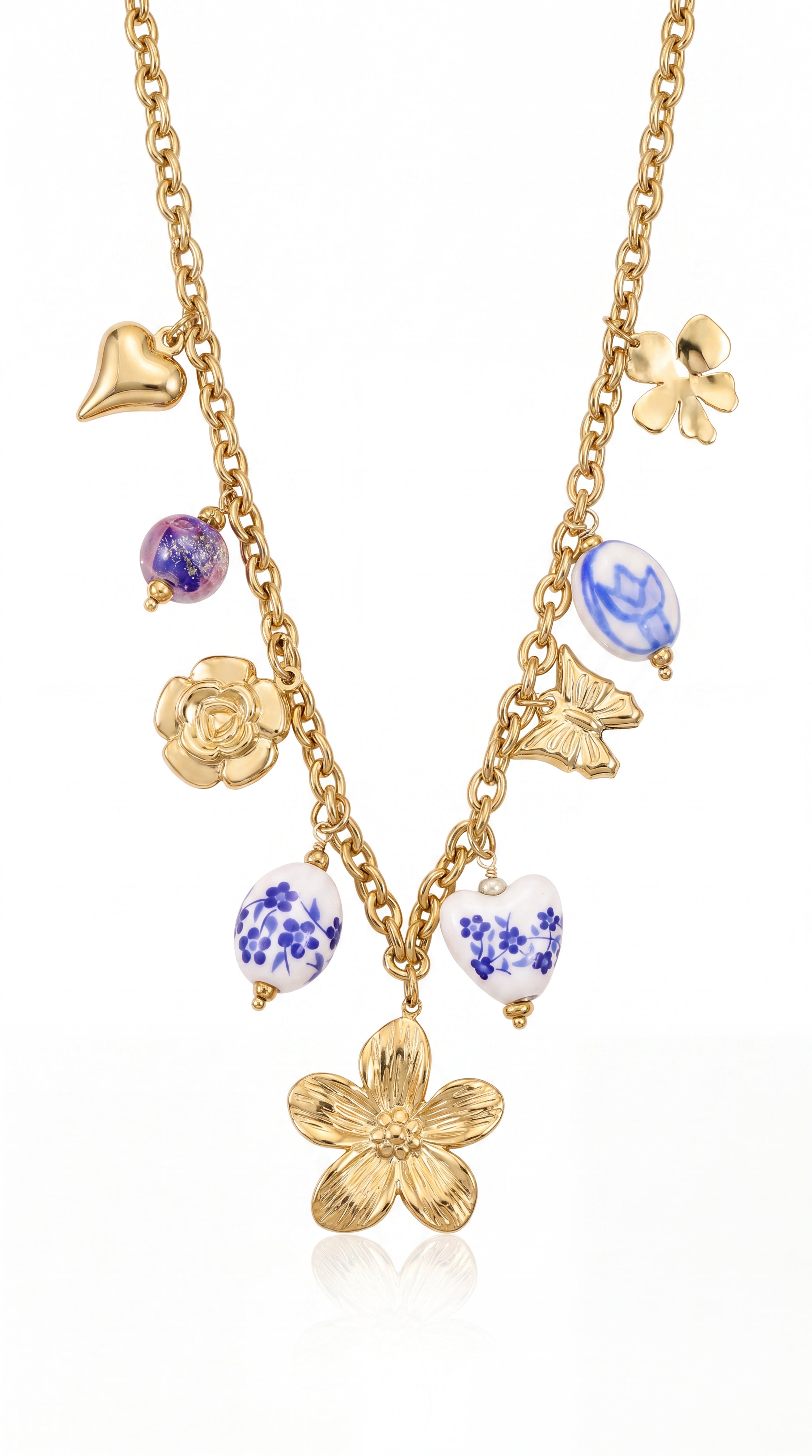✨ Collier Azélia – Collier Breloques Fleur et Porcelaine Bleue