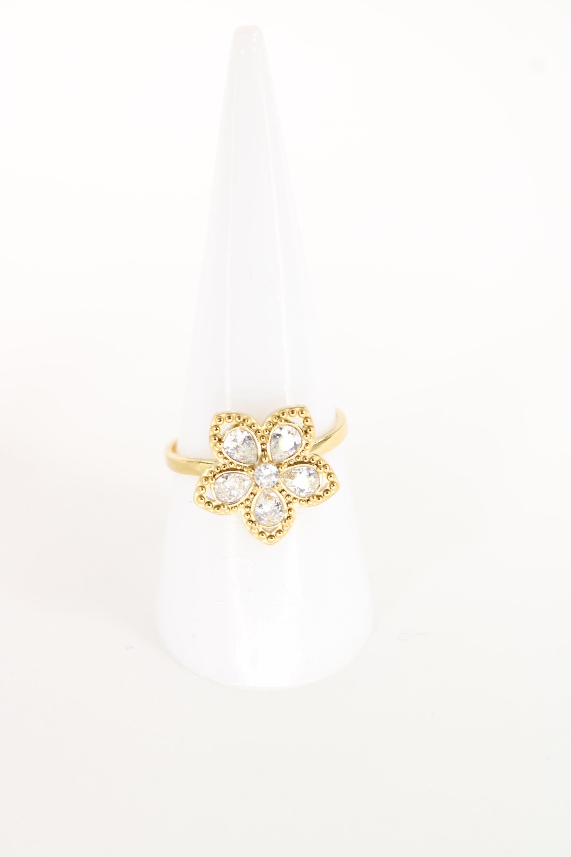 Bague Célia fleur en acier inoxydable – Strass dorée ou argentée