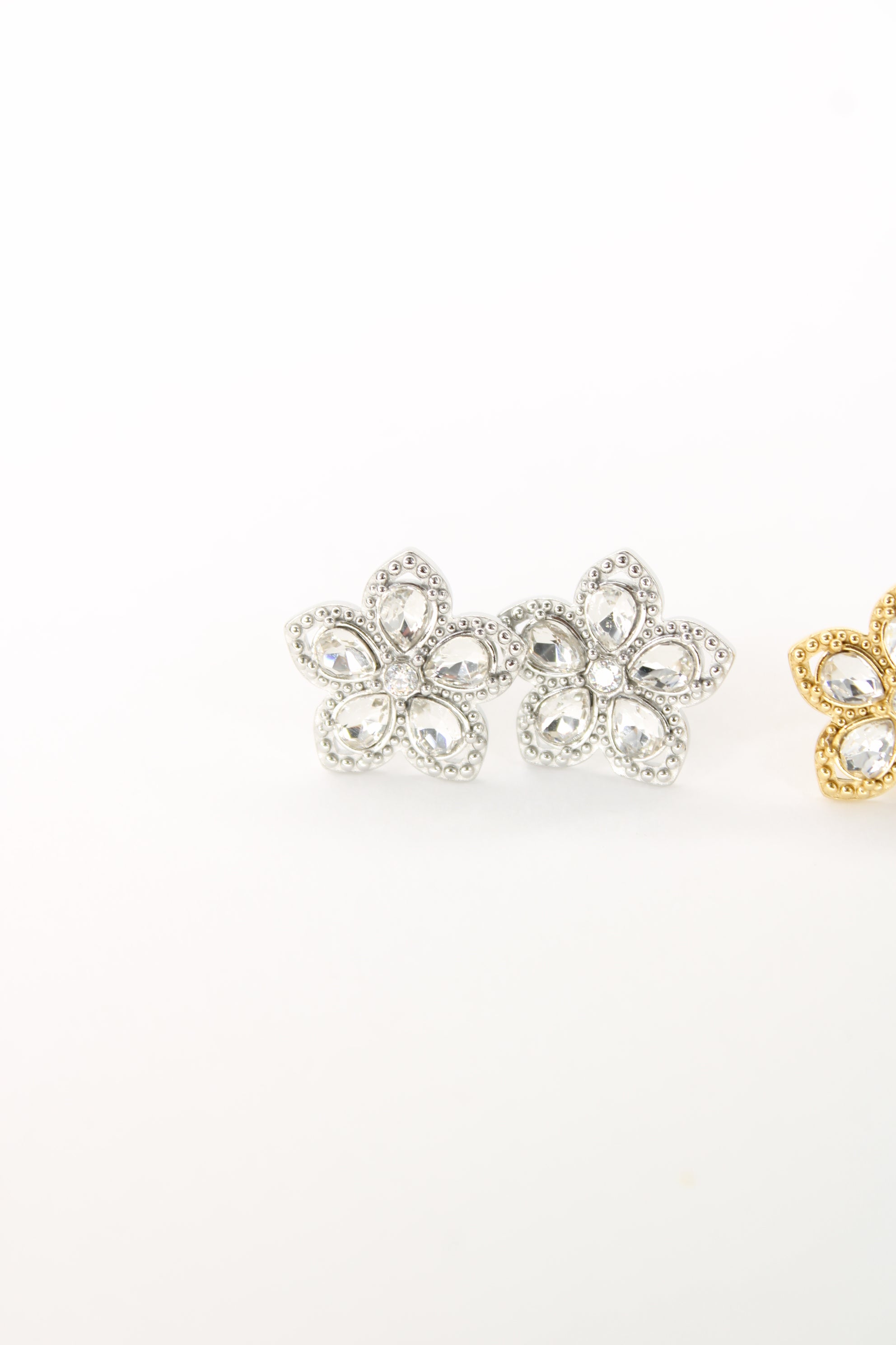 Boucles d’oreilles Bianca fleur en acier inoxydable – Strass dorées ou argentées